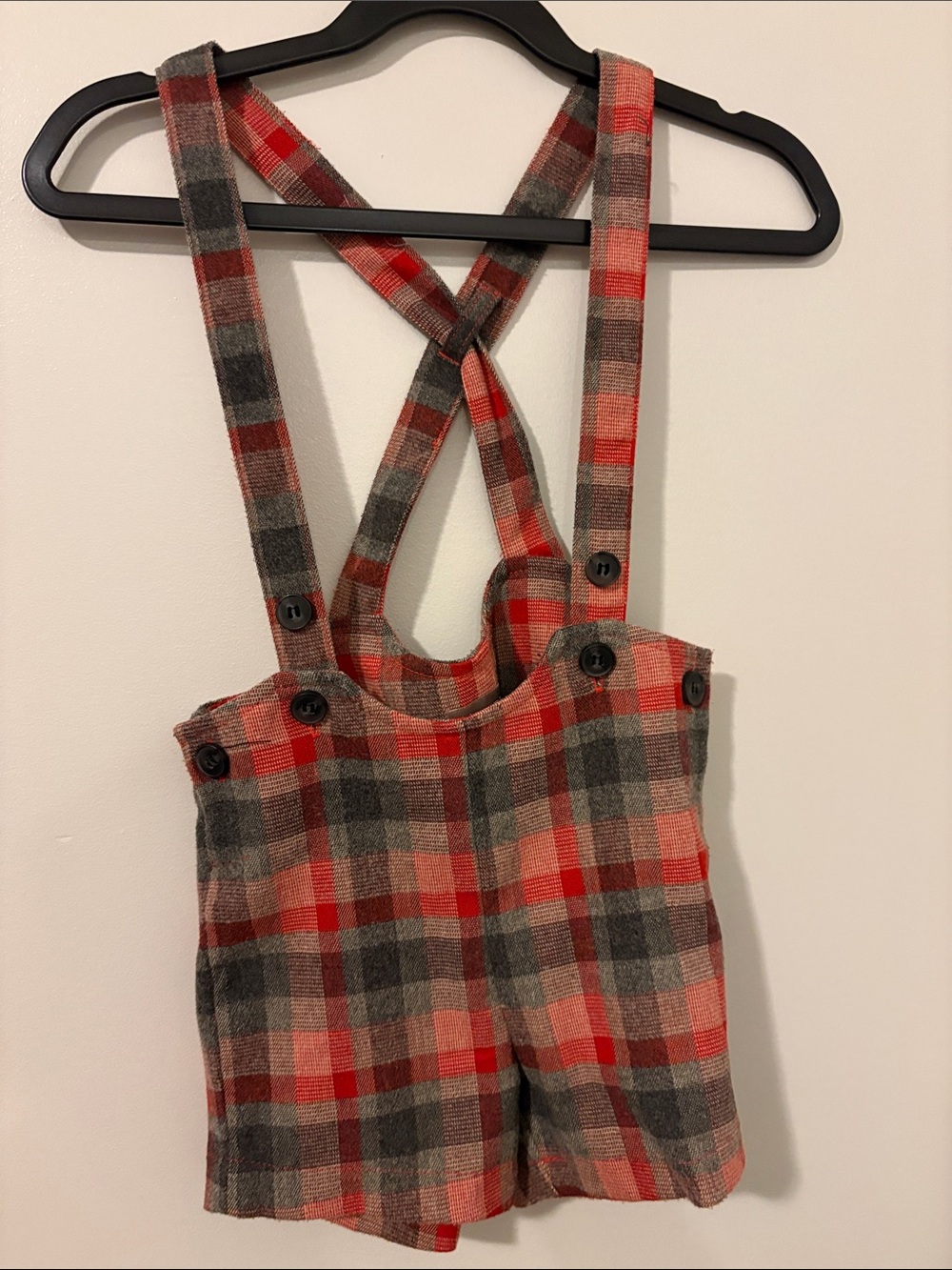 Kids Plaid Suspender One-Piece Shorts in Red and Gray